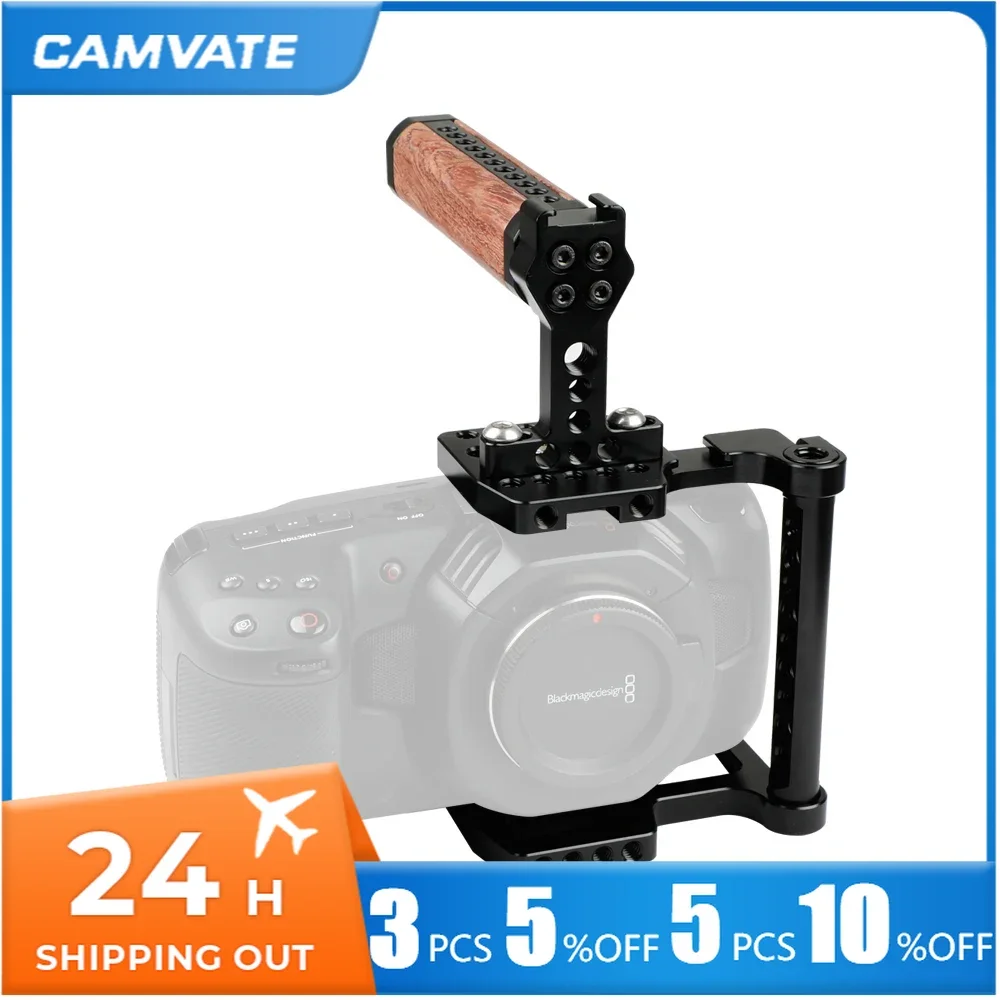 CAMVATE Camera Half Cage Rig With Wooden Top Handle Grip & Cold Shoe Mount Specialized For Blackmagic Pocket Cinema Camera 4K