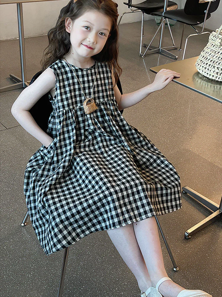 2026 Girls\' Dresses Summer New Blue Teen Girls Black Dress Big Girl Size 7 2 3 4 5 6 8 9 10 11 12 Dresses Midi Long With Pockets