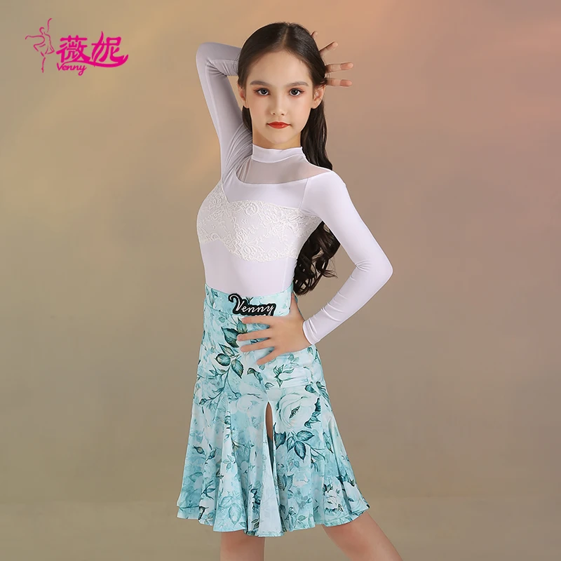 

Vennystyle Latin Dance Dress Girls Floral Mesh Long Sleeve Two Piece Set, Ballroom Practice Wear Performance Costume