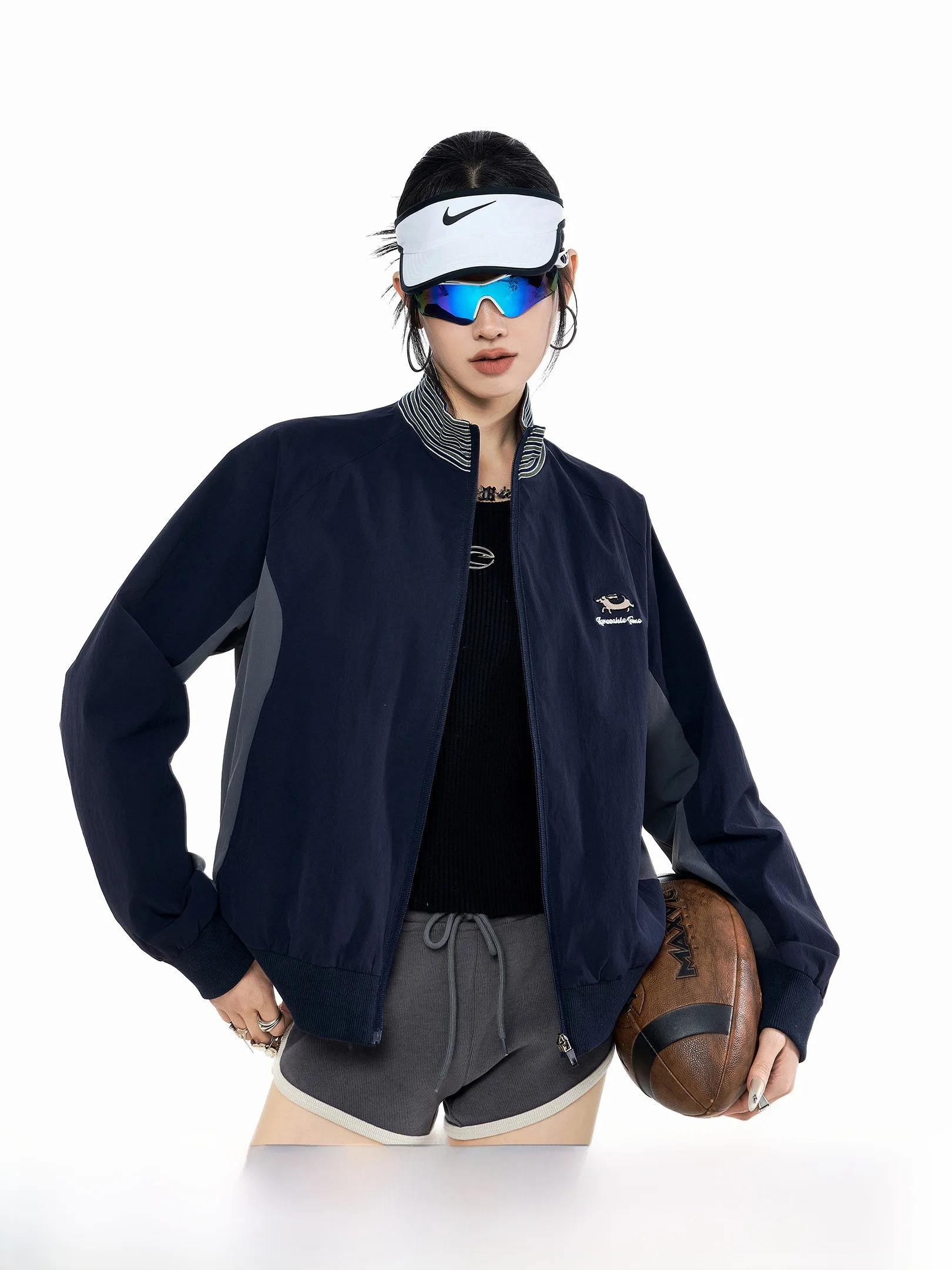 

Ichmode American Sle Color Blo ort Jaet Women's Spring New Stand Collar Sports Open Cardigan Loose Casual Top