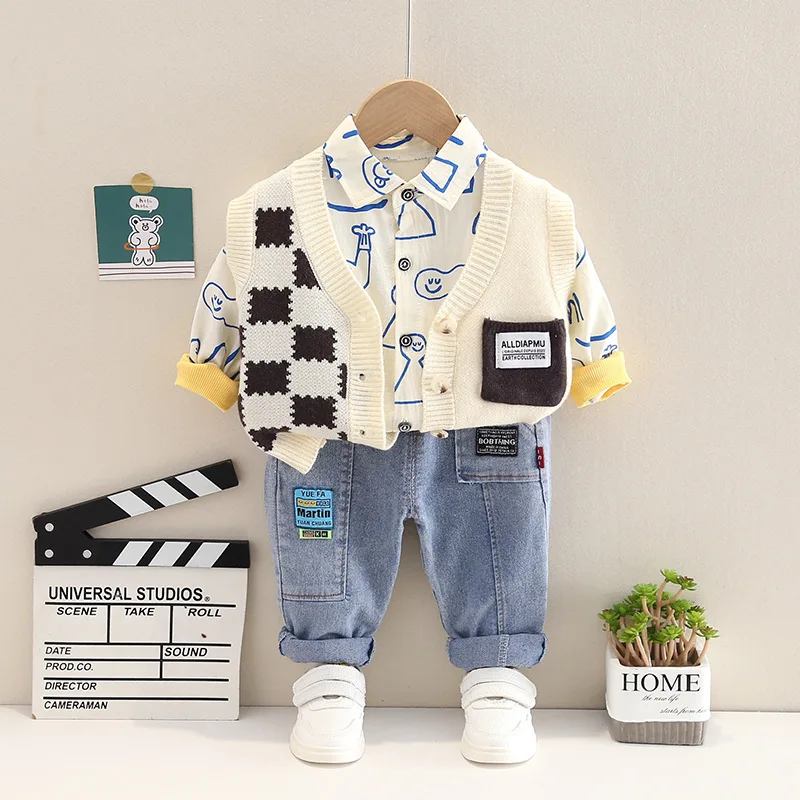 Personalized Baby Boy Fall Clothes Korean Plaid Knitted Sleeveless Cardigan Vest + White Cartoon Shirts + Jeans Boys Outfit Set