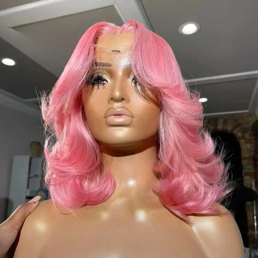 

Wig Pink Short Bob Body Wave 13x4 HD Transparent Lace Frontal Wig Pre Plucked Front Lace Wig Short Synthetic Wig for Wemon
