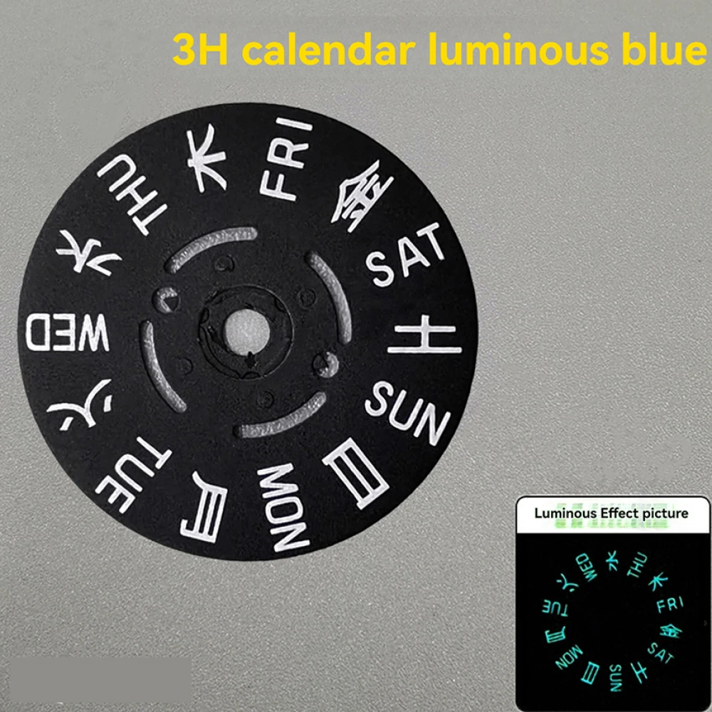 1 pz Blu/Verde Luminoso Settimana Giapponese Dail Sostituzione Nero Bianco Quadrante Orologio Calendario @3/3.8O'clock per Movimento NH36A/NH36