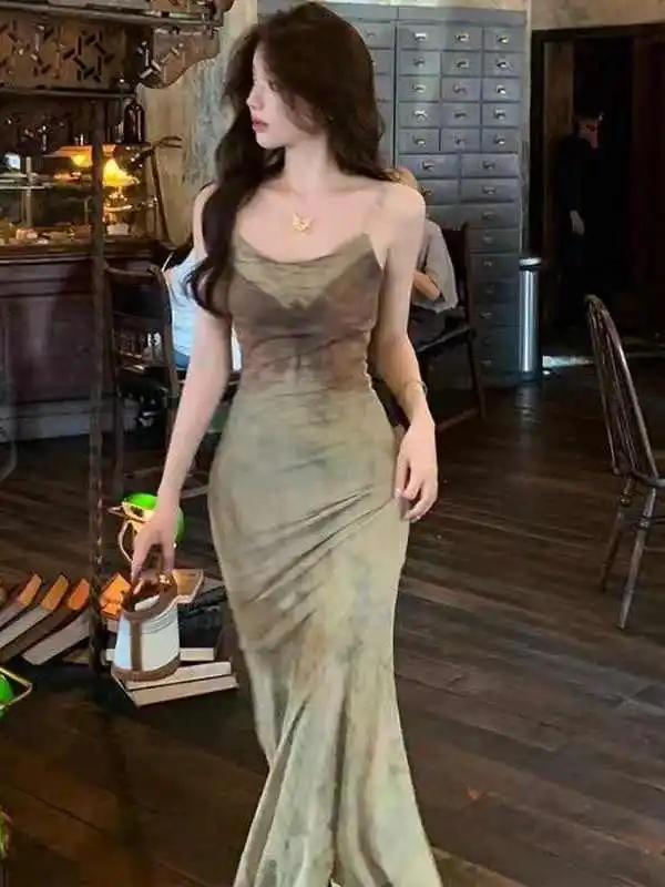 فستان صيفي طويل مطبوع عليه ريترو Dr للسيدات من Sli Chic Strapl بخصر عالٍ Ins Sle على شكل حرف A ميدي Dr بدون Sl... #1