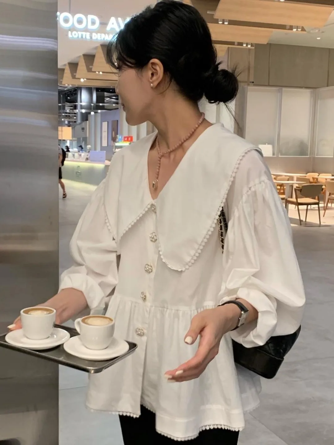 Chique Long Sve losse dames irt met ruches kraag Ele Button Design Geschikt voor verschillende gelegenheden Herfst Faion