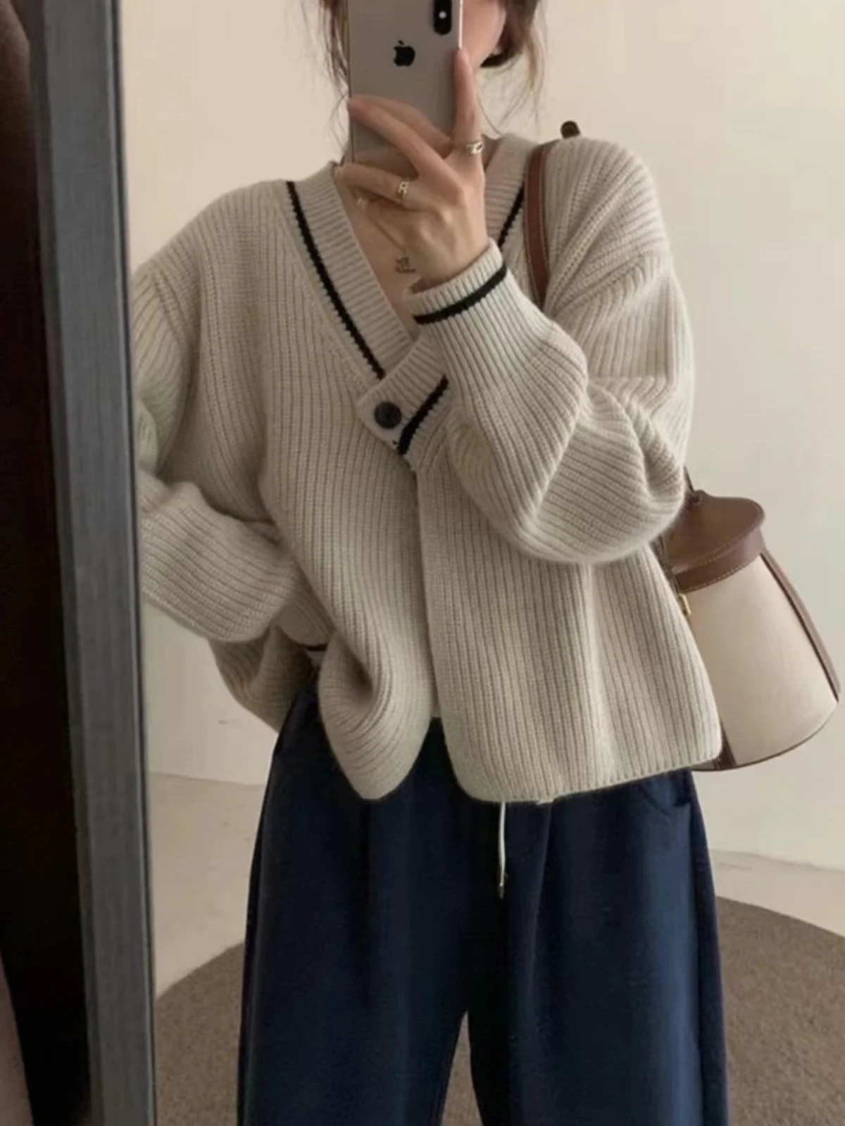 

Ele винтажный вязаный открытый кардиган с v-образным вырезом, женский весенне-осенний свободный японский свободный мягкий уютный свитер Jaet