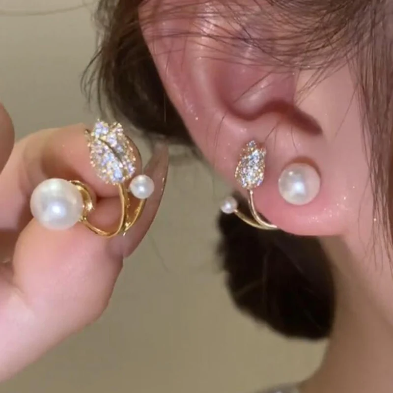 New【Korean Light Luxury Tulip Imitation Pearl Stud Earrings For Women Two Ways To Wear Ear Studs For Girls Daily Party Jewelry】