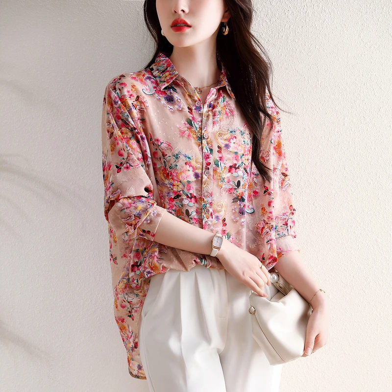 

Ele Embroidered Long Sve Ne Chiffon irt больших размеров, женский модный осенний топ с цветочным принтом и защитой от солнца