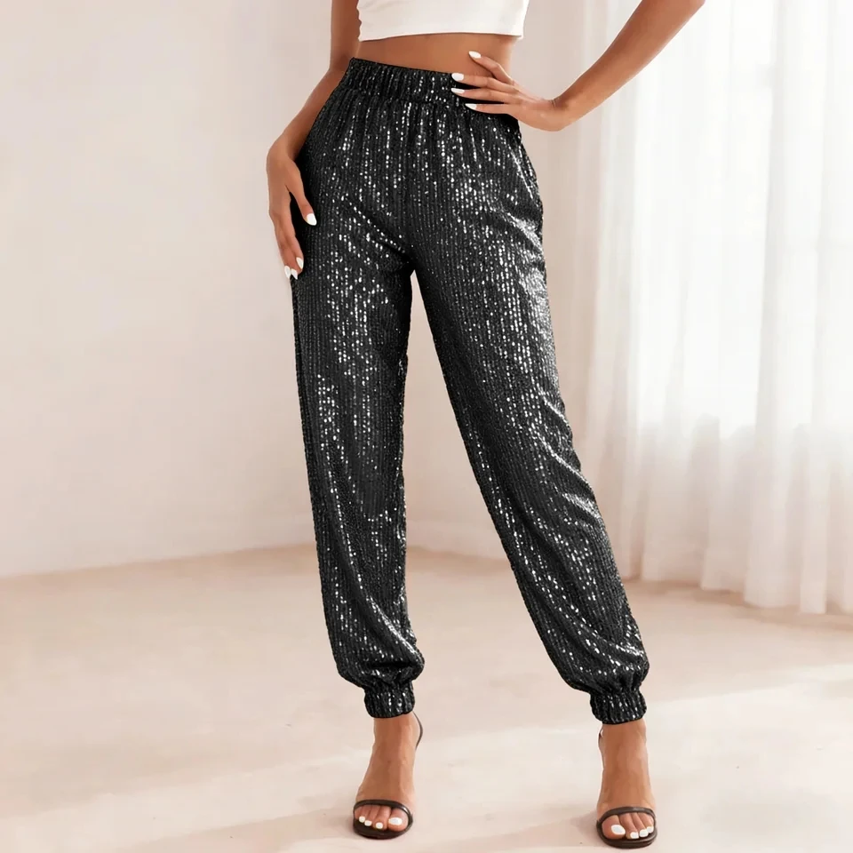 

High Waisted Sequin Jogger Pants For Women Spring Summer Long Pants Street Hip-Hop Sparkly Glitter Trousers Party Clubwear