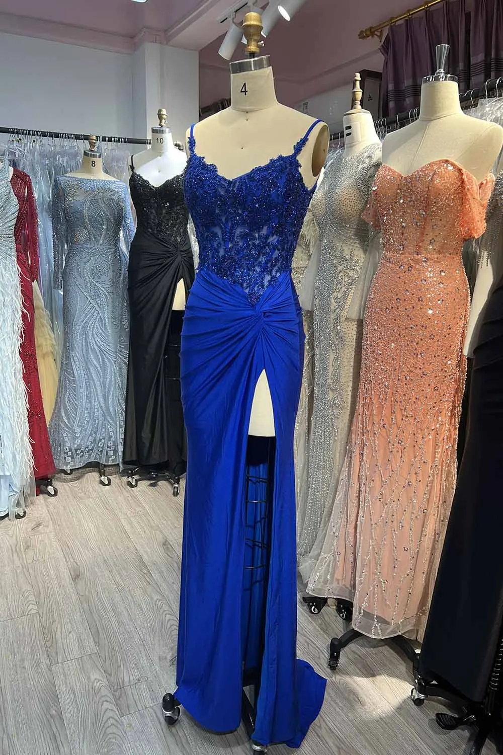 YQLNNE Royal Blue Long High Slit Prom Dresses Straps Beading Sequined Spandex Mermaid Evening Gown YQLNNE