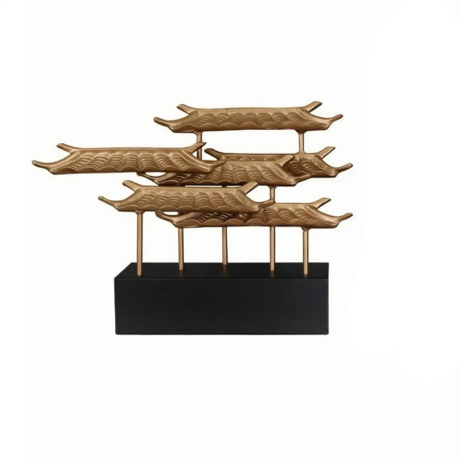 Metal Alloy Architectural Sculpture with Rectangular Jet Base Metallized Gold-Tone Decorative Sculpture with Embossed Undulating