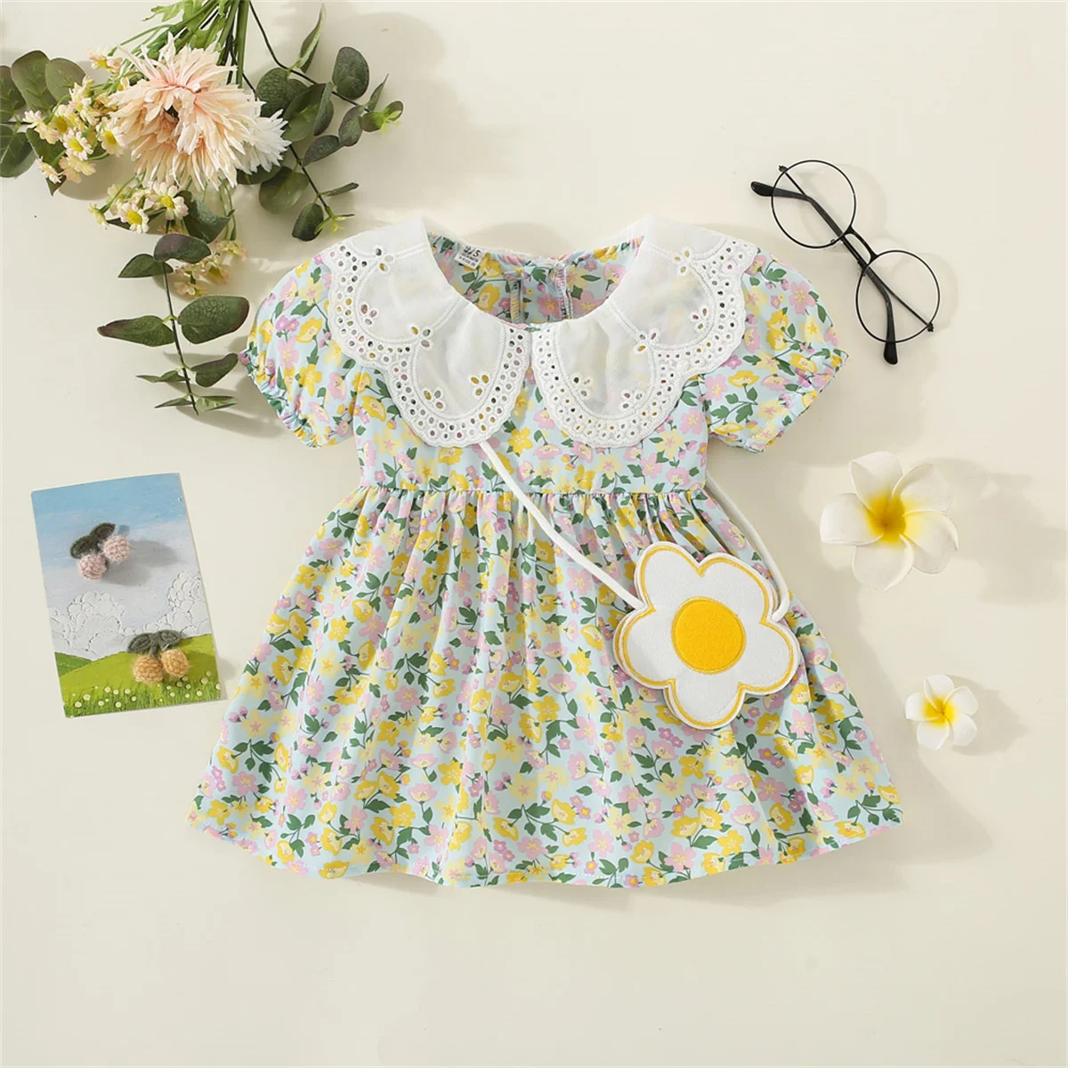 2 pezzi/set della nuova estate vestito floreale per bambini con risvolto manica corta gonna in Chiffon al ginocchio per l\'uso quotidiano