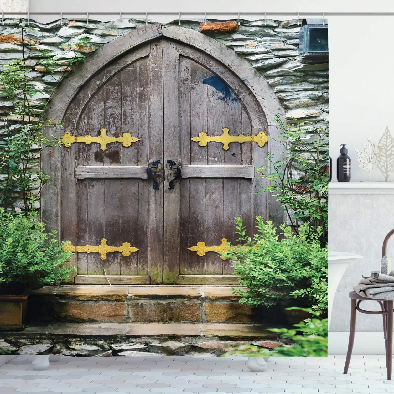 Medieval Shower Curtains Rustic Wood Shield on Medieval Castle Gate Bath Curtain Wooden Door Historical Vintage Home Bathroom