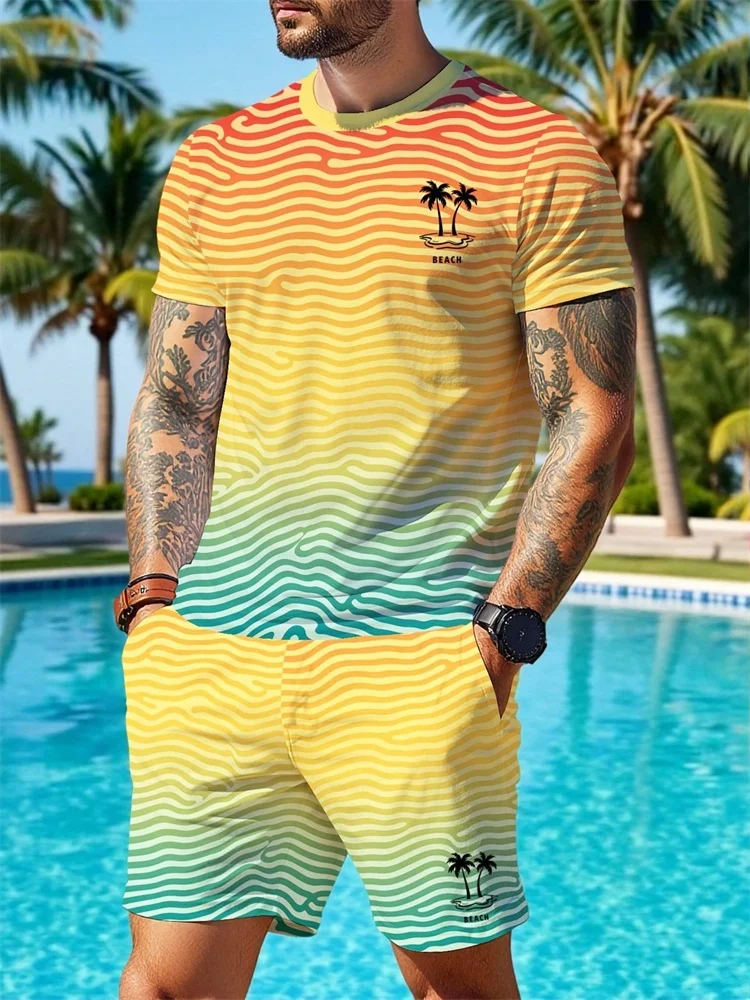 

Новый мужской костюм 2025 года с градиентным полосатым принтом в гавайском стиле, летняя уличная модная повседневная одежда, которую дышащая