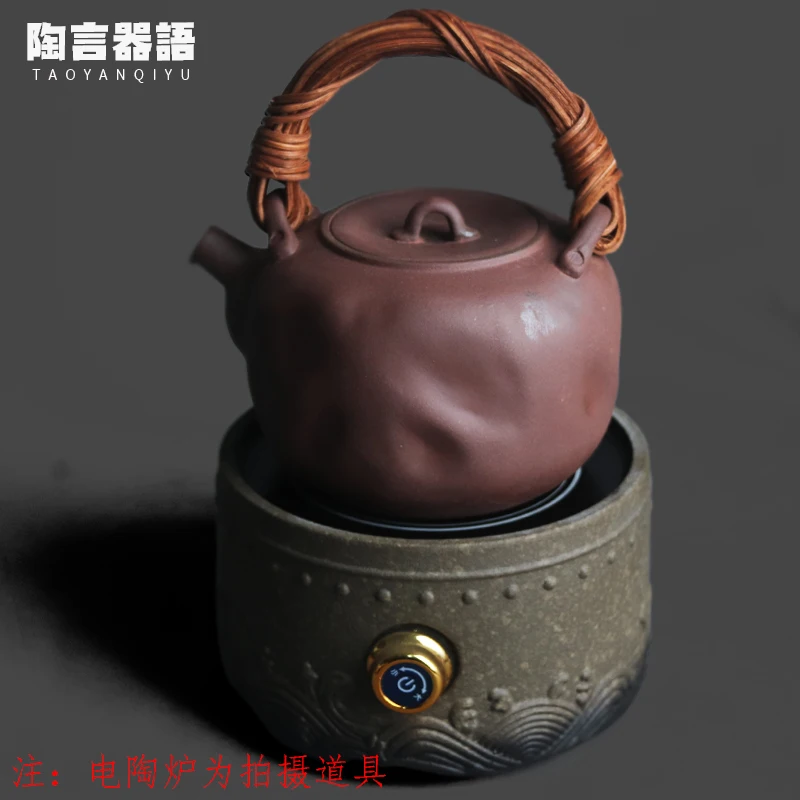 Rock Mineral Purple Clay Teapot, Wicker Handle Hammered Texture Boiling Kettle, Retro Coarse Ceramic Chinese Water Kettle, Suita