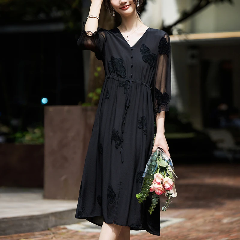 New Summer Elegant Fashion Dresses Women 100% Real Silk V-neck Woman Black Dress Three Quarter Sleeve Drawstring Long Dress