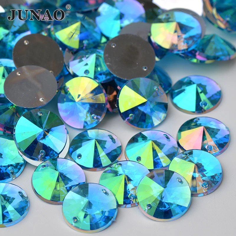 JUNAO 50Pcs 18mm Sewing Aquamarine AB Acrylic Rivoli Rhinestones Flatback Round Strass Applique For DIY Clothing Accessories