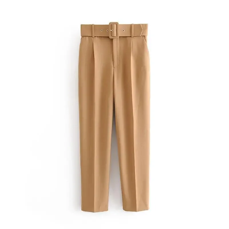 Calça casual de cintura alta feminina, elegante na moda, calça lápis harém, monocromática, marrom, preta, branca, senhora do escritório