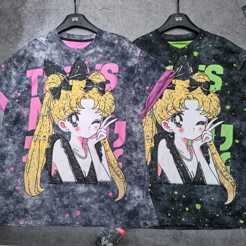 

High Quality Summer New Cotton Short Sleeved Loose Anime Printed T Shirt Women Korean Fashion Versatile Oversized Contrast Tops