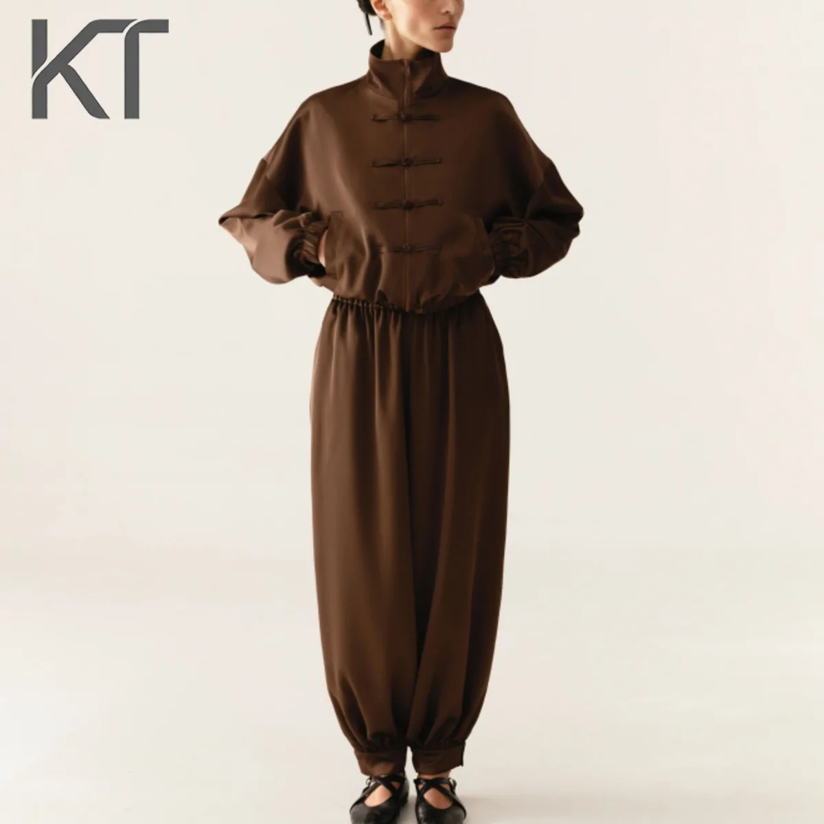 

Sell Separately Style Two Piece Set For Women Frog Button Stand Collar Oversized Jacket & Elastic Waist Lantern Pants Daily Wear