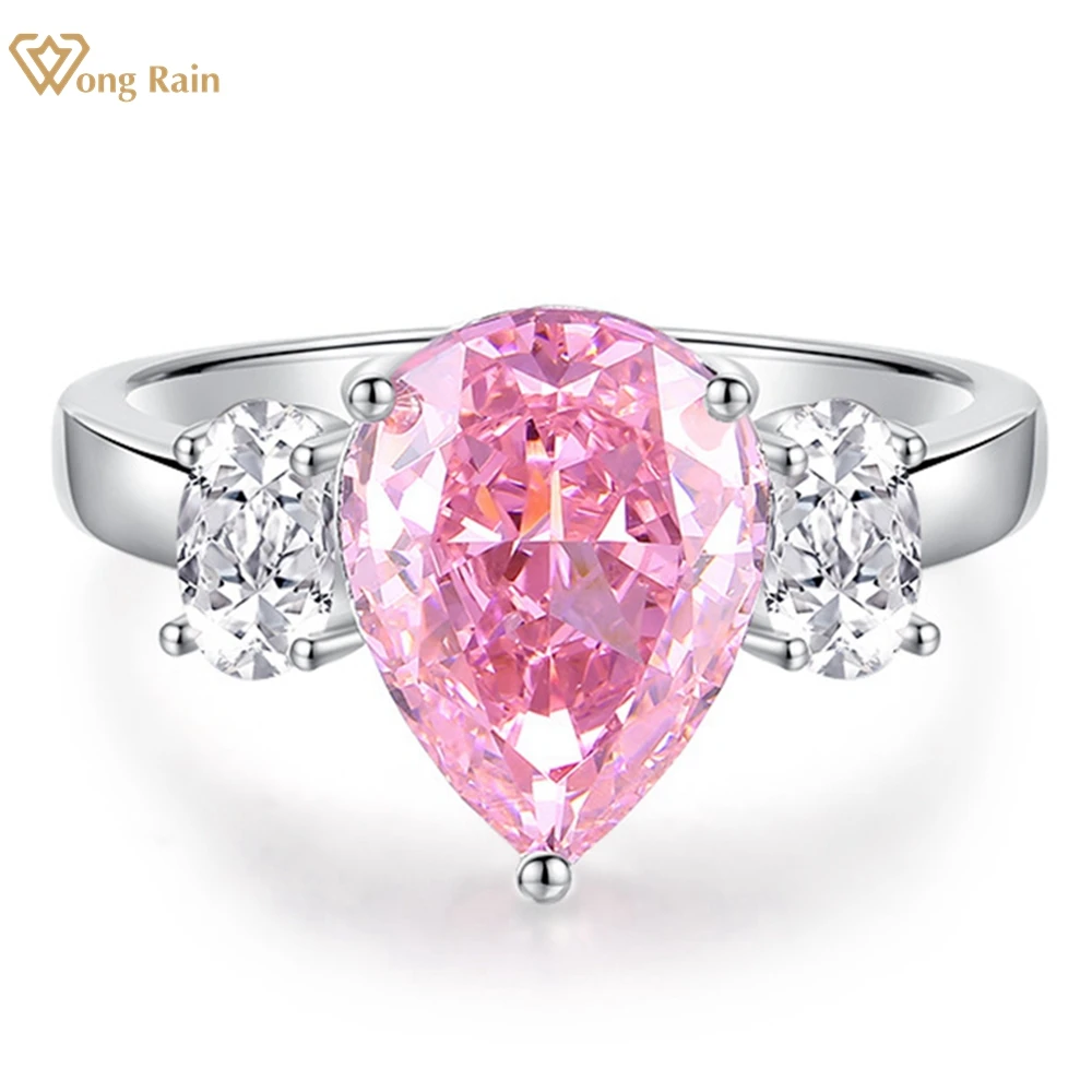 

Wong Rain 925 Sterling Silver Sparkling 9*12 MM Pear Cut Lab Pink Sapphire Gems Cocktail Party Ring for Women Engagement Jewelry