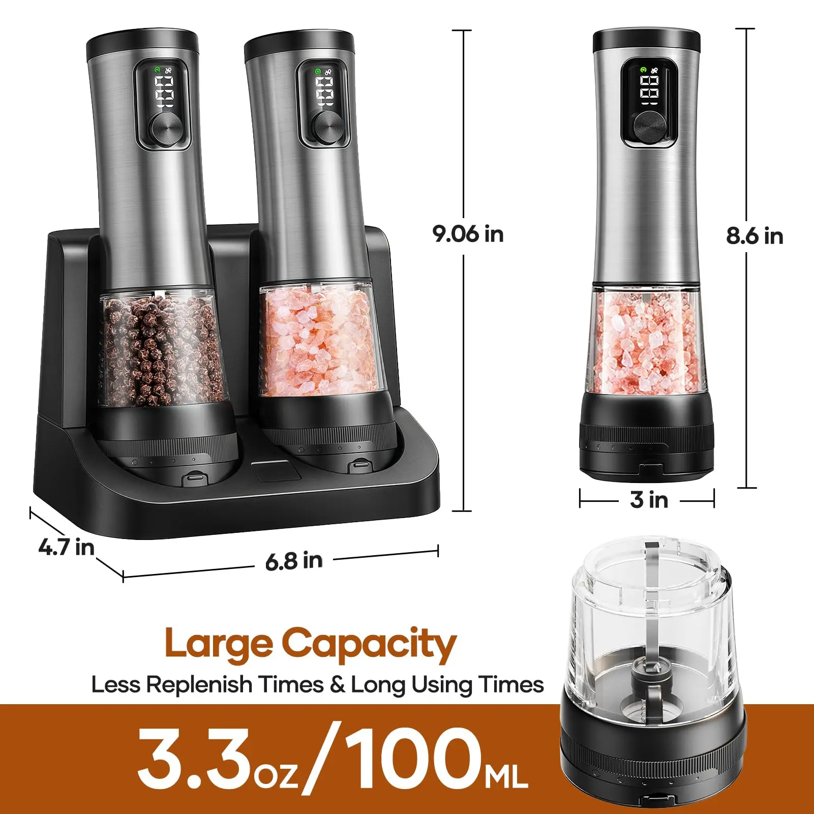 2 Pack Stainless Steel Electric Salt and Pepper Grinder Set Automatic Pepper Mills with Battery Display Rechargeable Base