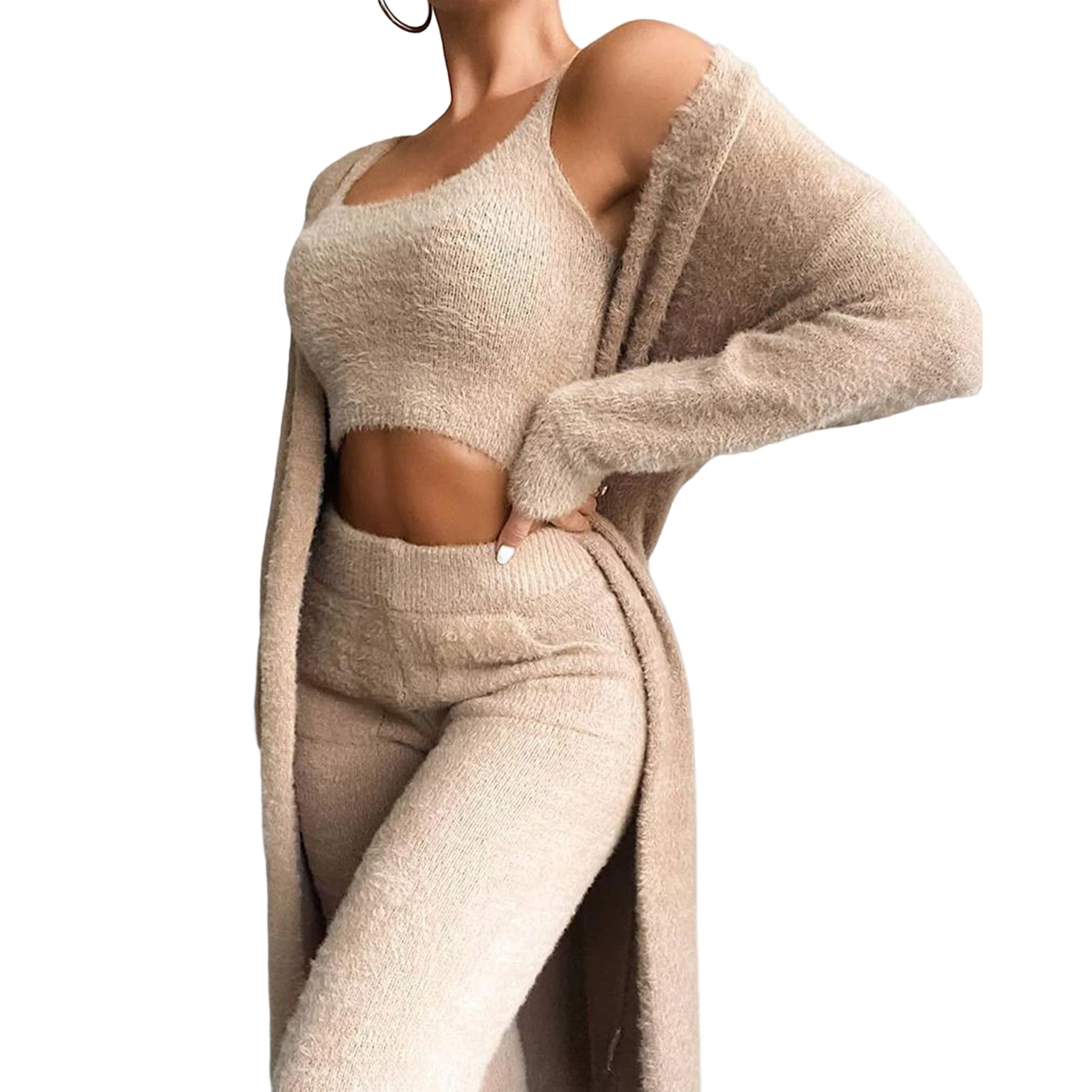 

Women's Fuzzy Pajamas 3pc Suit Open Front Cardigan Crop Tank Top for School Office Daily