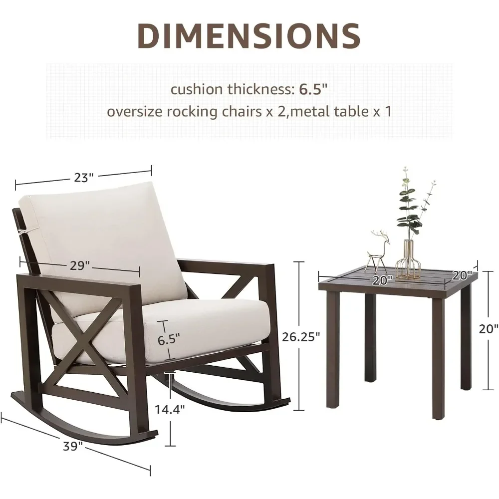 Rocking Bistro Set,Outdoor Patio Conversation Furniture Set with Rockers and Metal Coffee Table with Thick Cushions for Backyard