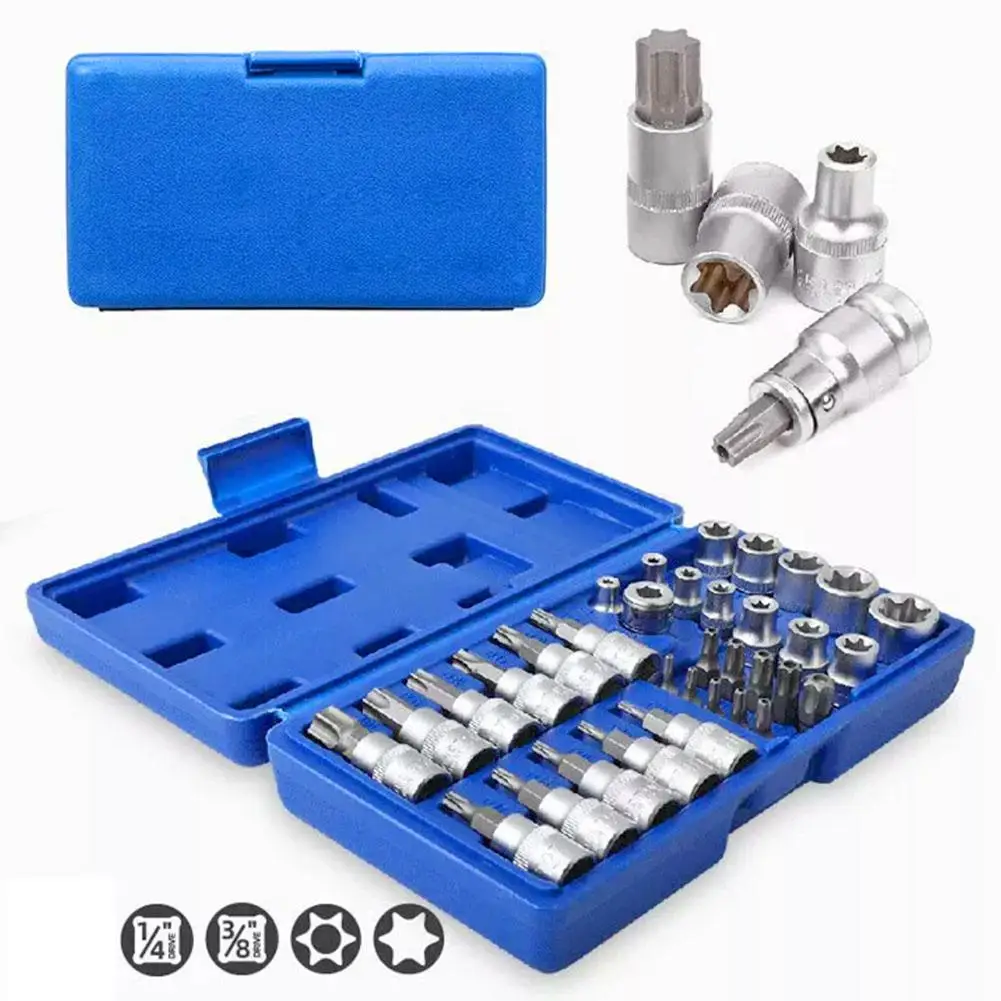 Douille Torx professionnelle 34 pièces et douille étoile e-torx 3/8 avec outil femelle 5/16Drive, ensemble e-torx, boîtier d'embouts mâles portables G1J4
