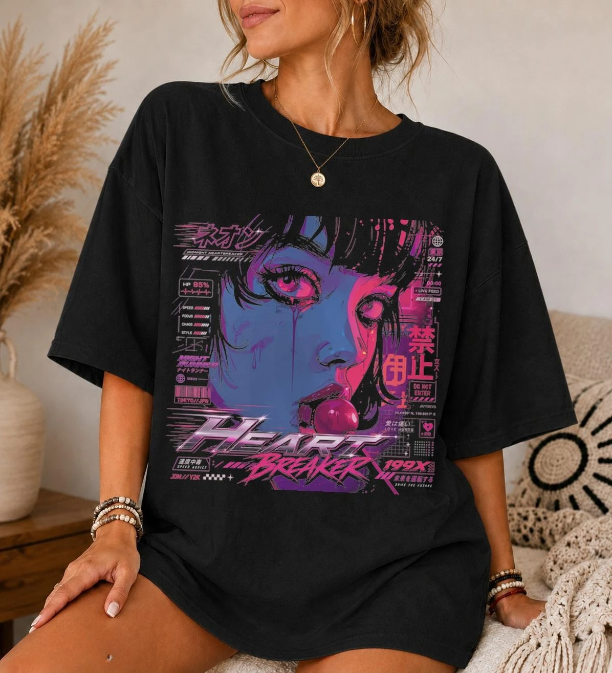 Cyberpunk Anime Girl Retro Y2K Heart Breaker Neon Pink Esthetic Manga Graphic Tee Cotton Mens Womens T-Shirt Summer Streetwear