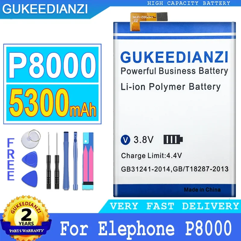 5300mAh GUKEEDIANZI Top High quality Battery For Elephone P8000 Smart Phone Big Power Bateria with free tools