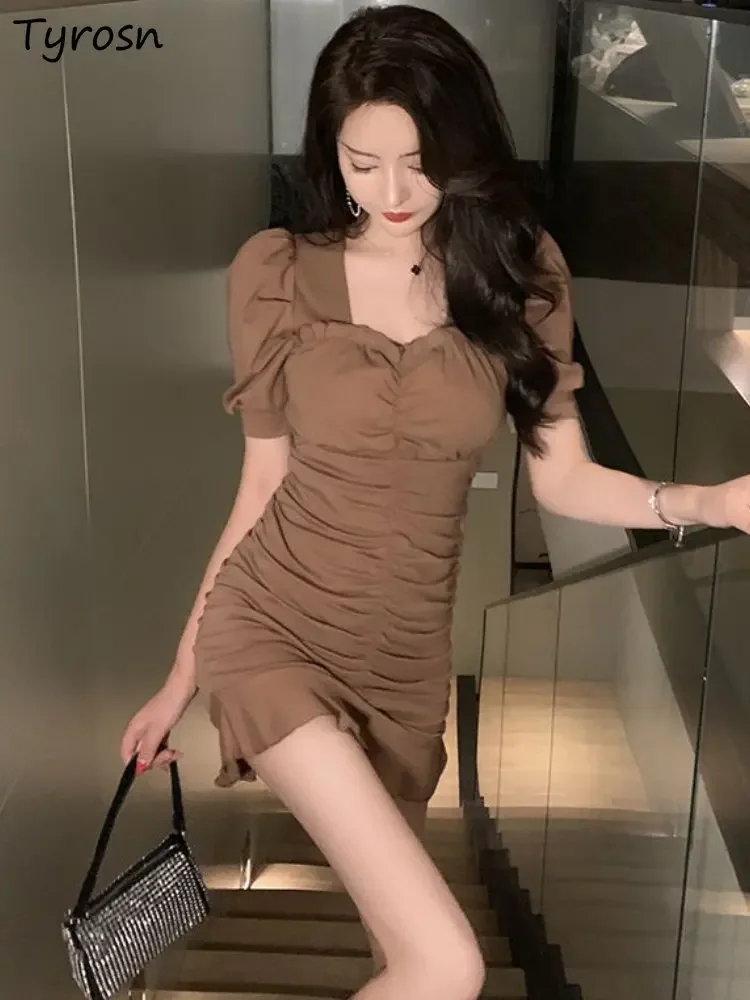 

Dresses Women Folds Elegant Retro Design Casual Summer Mini Vestidos Slim Korean Style Empire Square Collar Ladies Daily Stylish
