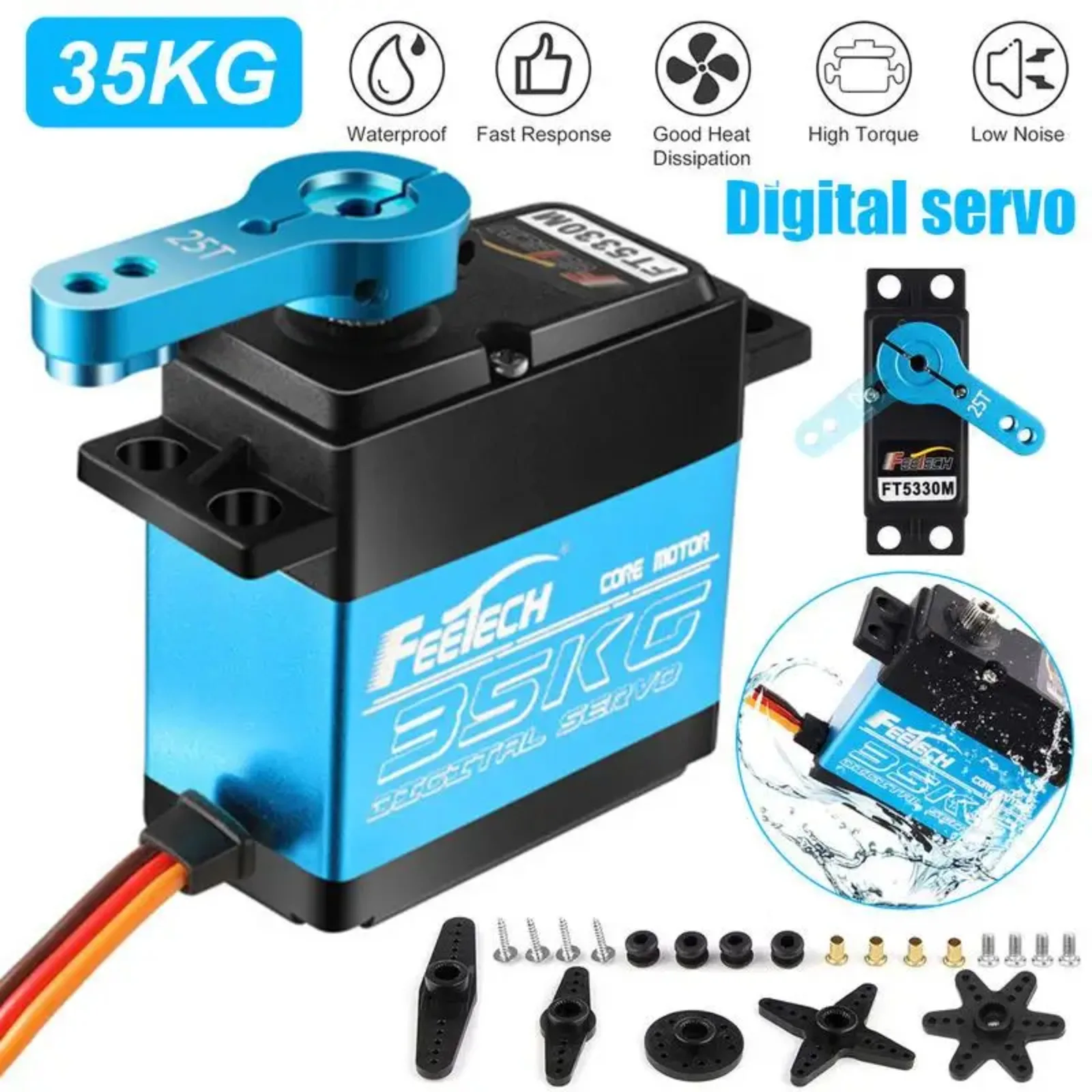 Feetech FT5330M 35KG Digital Servo 180° Steel Gear 7.4V Waterproof IP54 for RC Drift Car/Helicopter