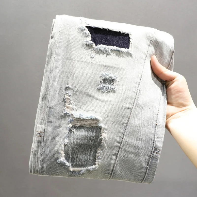 High End Trendy Light Blue Patchwork Distressed Jeans For Men'S Spring New Embroidered Patch Slim Fit Straight Leg Pants