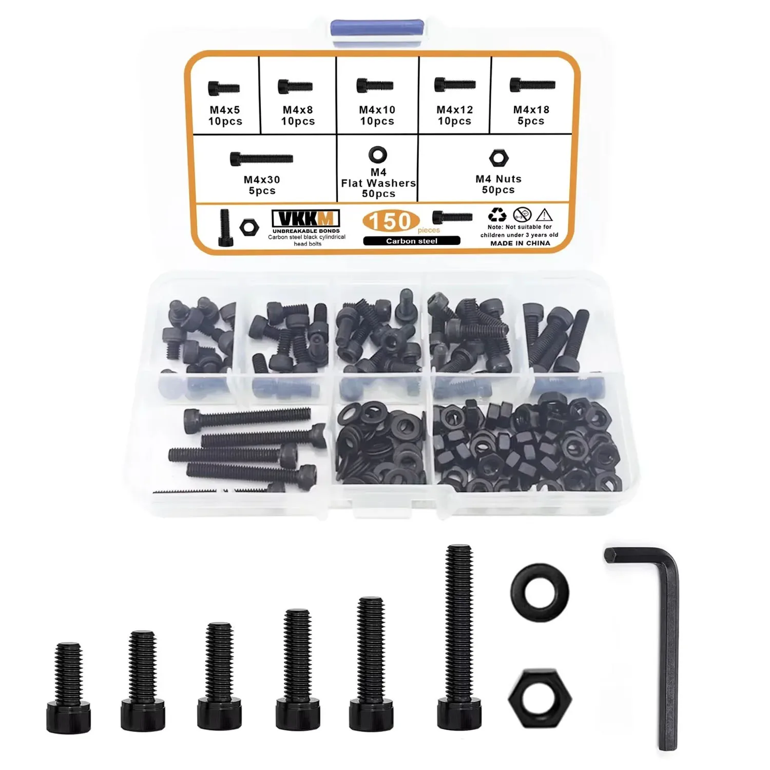 

VKKM#M4 150Pcs Cylindrical Head Hex Socket Bolts, Made of Carbon Steel, Suitable for Various Assembly Projects, Etc.
