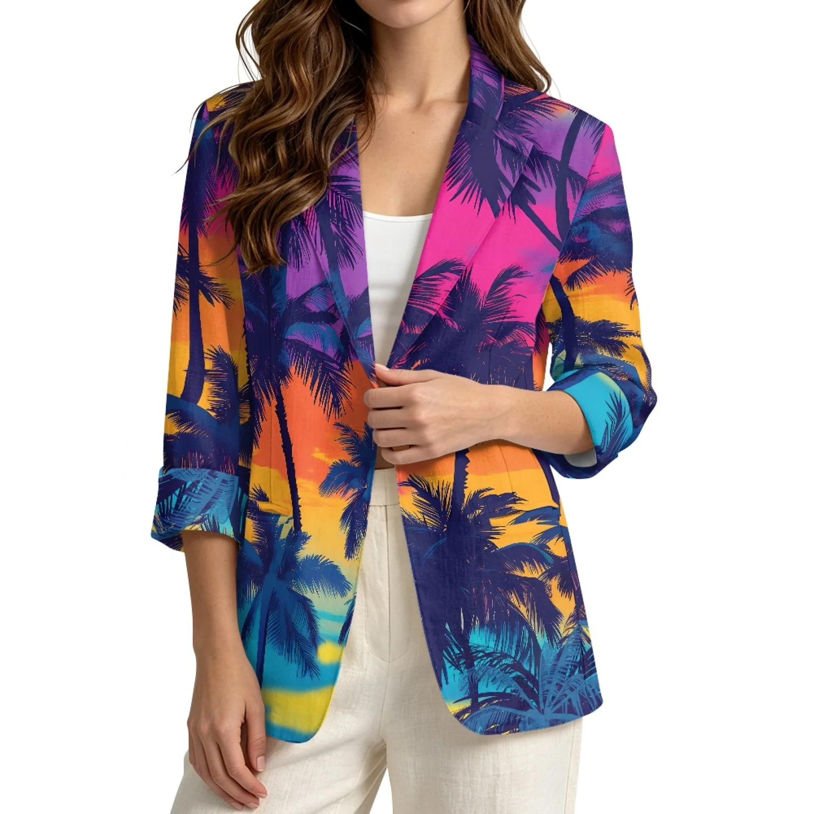 PENSTROLL Tropical Sunset Linen Style Fall Tops for Office Casual Open Cardigan Cardigan Jackets