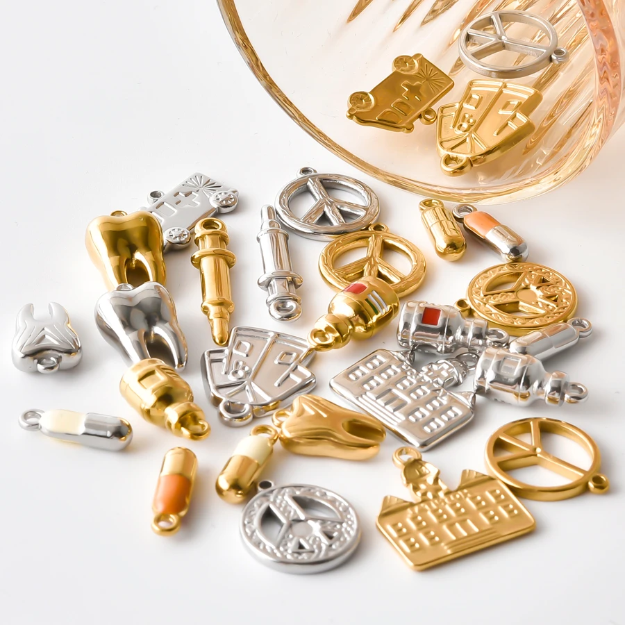 10pcs Stainless Steel Medical Pendants Tooth Pill Ambulance Hospital Peace Sign Charms For DIY Bracelet Earring Necklace Making