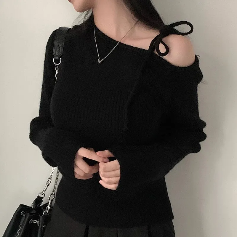 Langarm frauen Pullover Herbst Mode Chic Koreanischen Stil Schulter Bared Ausschnitt Knoten Schmetterling Bogen Unregelmäßigen Polo Kragen