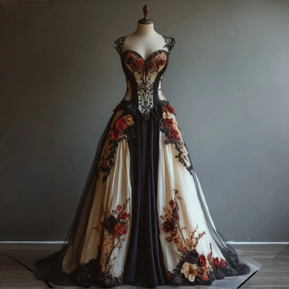 

Retro Gothic Wedding Dress Black Decal Strap 3D Flower a-line Bridal gown customized steampunk masquerade dress cosplay costume