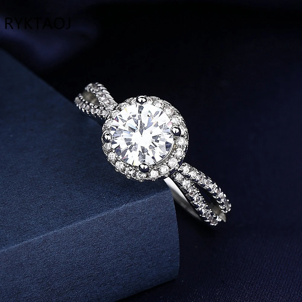 925 Sterling Silver Gold Color Round Moissanite Ring Women Halo Twisted Band Adjustable Open Ring Wedding Fine Jewelry Gift
