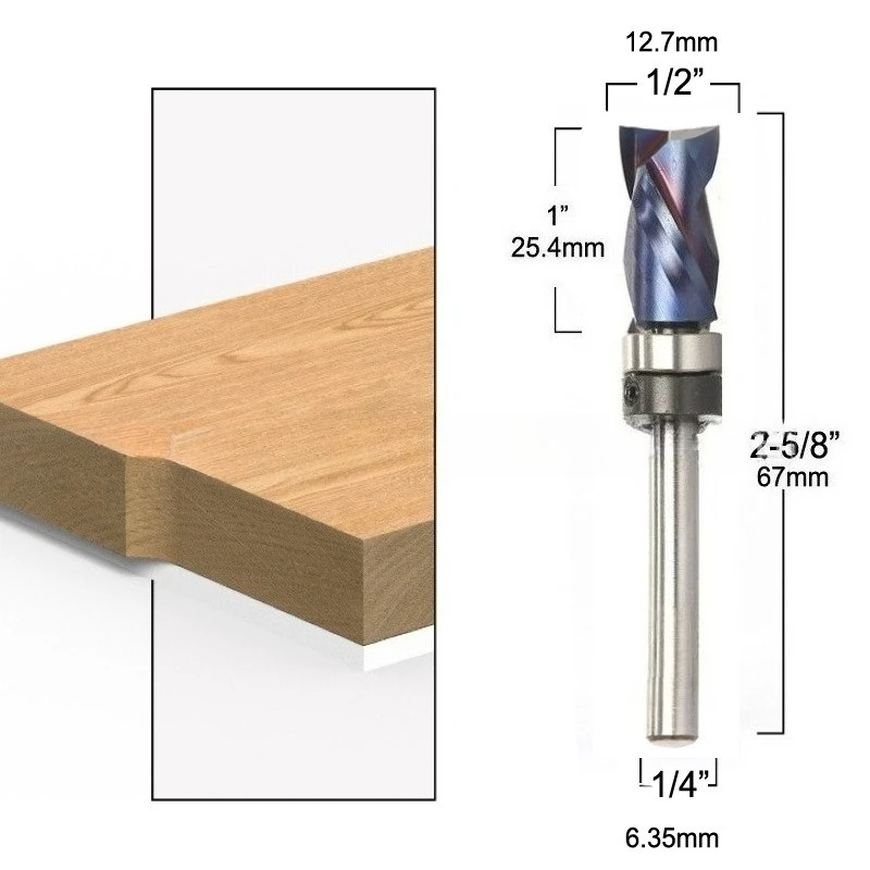 Woodworking Milling Cutter Blue Nano-Coated End Mill Bearing  Composite Trimming Cutter Router Bit 1/4" 6mm Shank Tools