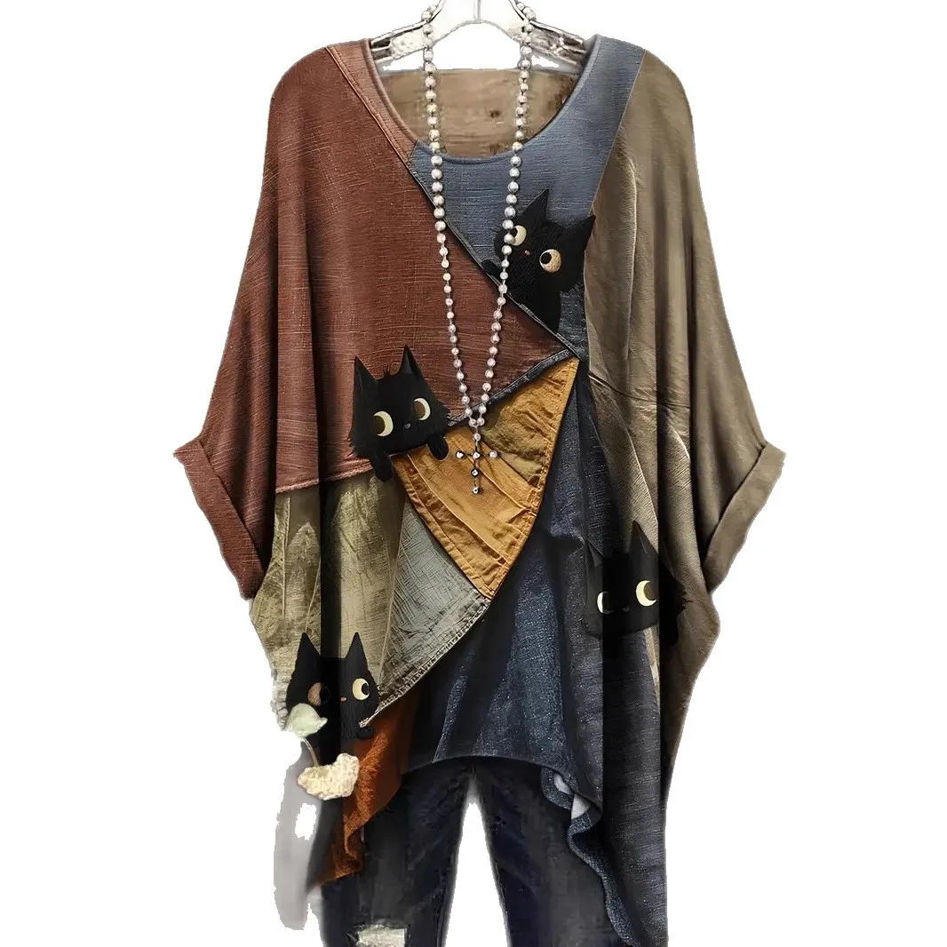 

Женская свободная футболка оверсайз с круглым вырезом, с принтом мультяшного кота и элементами пэчворка, удобная, для весны и лета, хит продаж