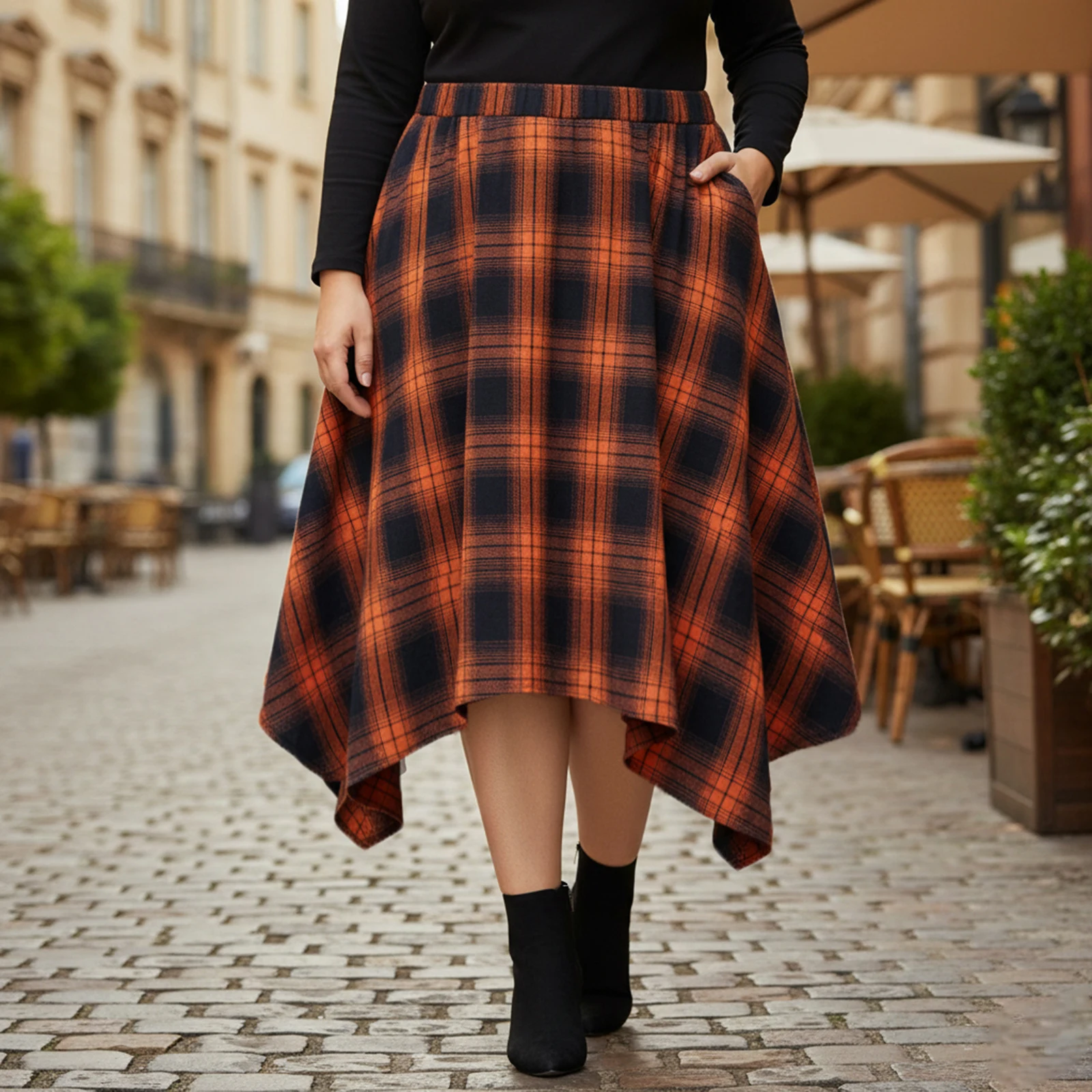 

2026 Зимняя женская повседневная юбка-миди в стиле ретро с карманами, клетчатые юбки больших размеров с высокой эластичной резинкой на талии, повседневная юбка больших размеров