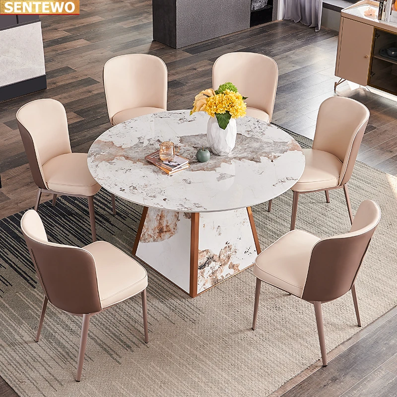 Designer Luxury round dinner Marble Rock Slab dining table set 8 chairs mesa eettafel furniture meuble Stainless steel gold base