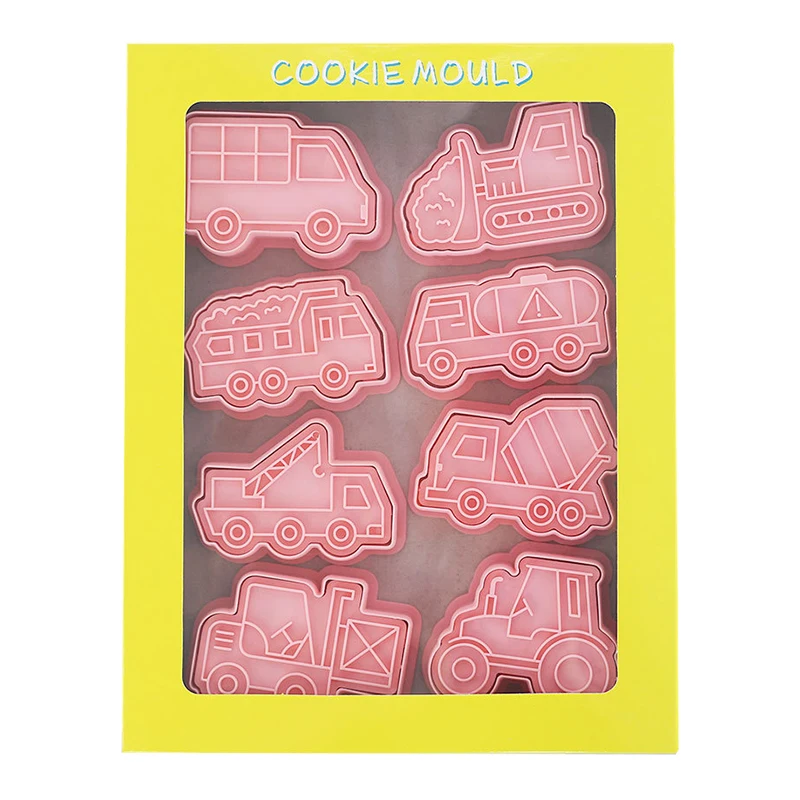 8pcs/set Engineering Truck Cookie Cutters Plastic 3D Cartoon Pressable Biscuit Mold Cookie Stamp Kitchen Baking Pastry Bakeware