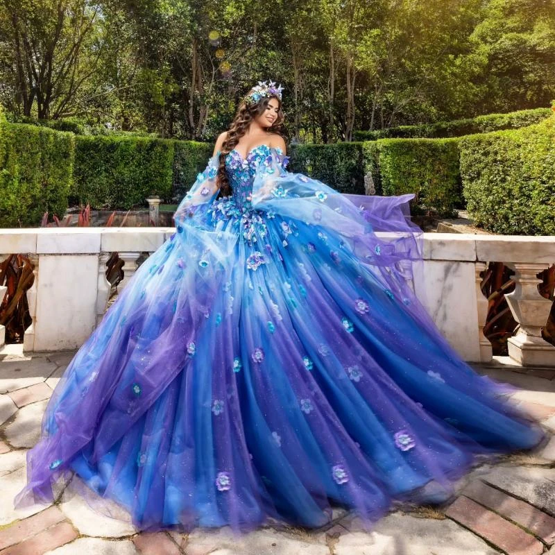 Blue Purple Shiny Quinceanera Dresses Off The Shoulder Applique Flower  Tull Party Birthday Ball Gown Sweet 16 Vestidos 15 De