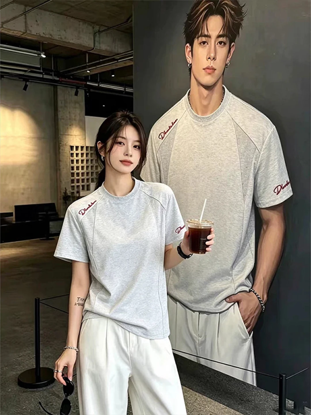 American High Street Deconstructed Embroidered T-Shirt Men Summer Youth Trendy Short Sleeve Heavyweight Boxy Sport Half Sleeve