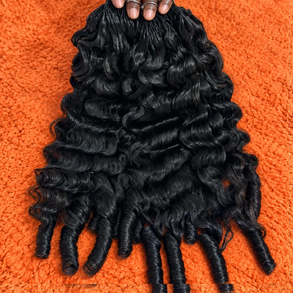 Natural Black Burmese Curly Feather Crochet 100% Human Hair 2 3 4 5 Pcs 16-24 Inch Color Deep Wave Knots Feather Crochet Hair Extensions Invisible Knotless Kinky Curly Braiding Hair For Women
