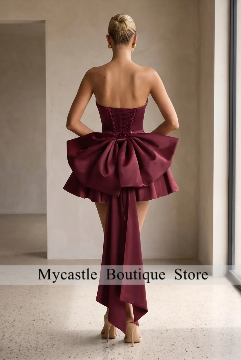 

Burgundy Strapless Customized Satin A Line Mini Cocktail Party Dresses with Large Bow Train Formal Homecoming Gowns
