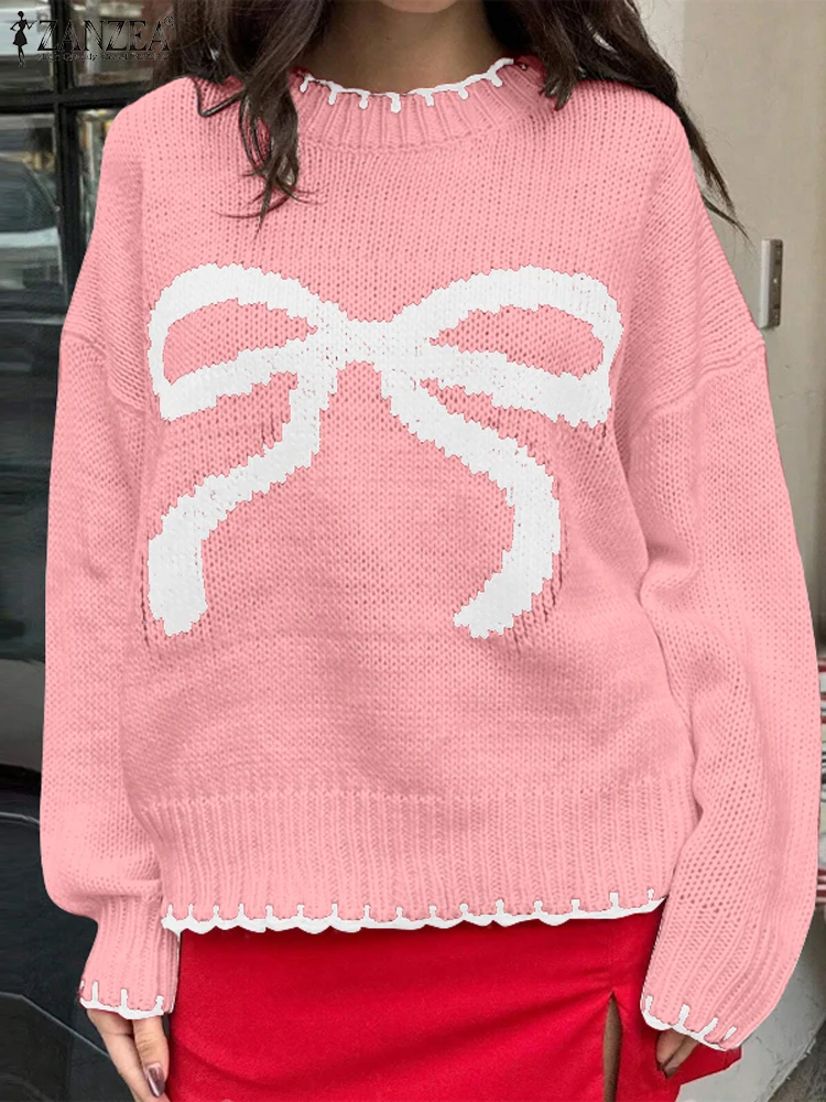 ZANZEA سترات نسائية بأكمام طويلة لخريف 2025 بياقة واقفة بلوفرات محبوكة مطبوعة بفيونكة غير رسمية سترات شتوية كبيرة الحجم